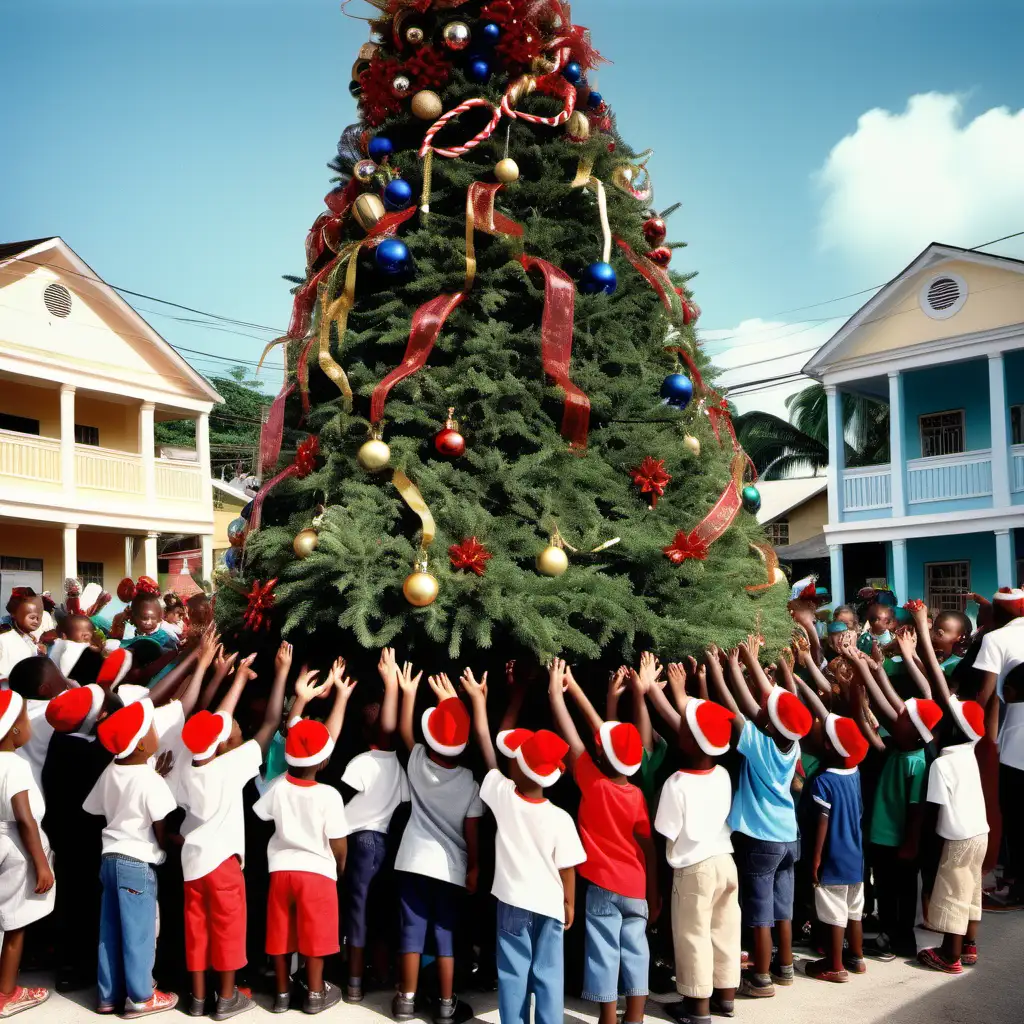 Little boys and girls in colored hats with horns in their hands gather around the tall and fully decorated Christmas tree, in a town in jamaica. The boys and girls appear all excited 