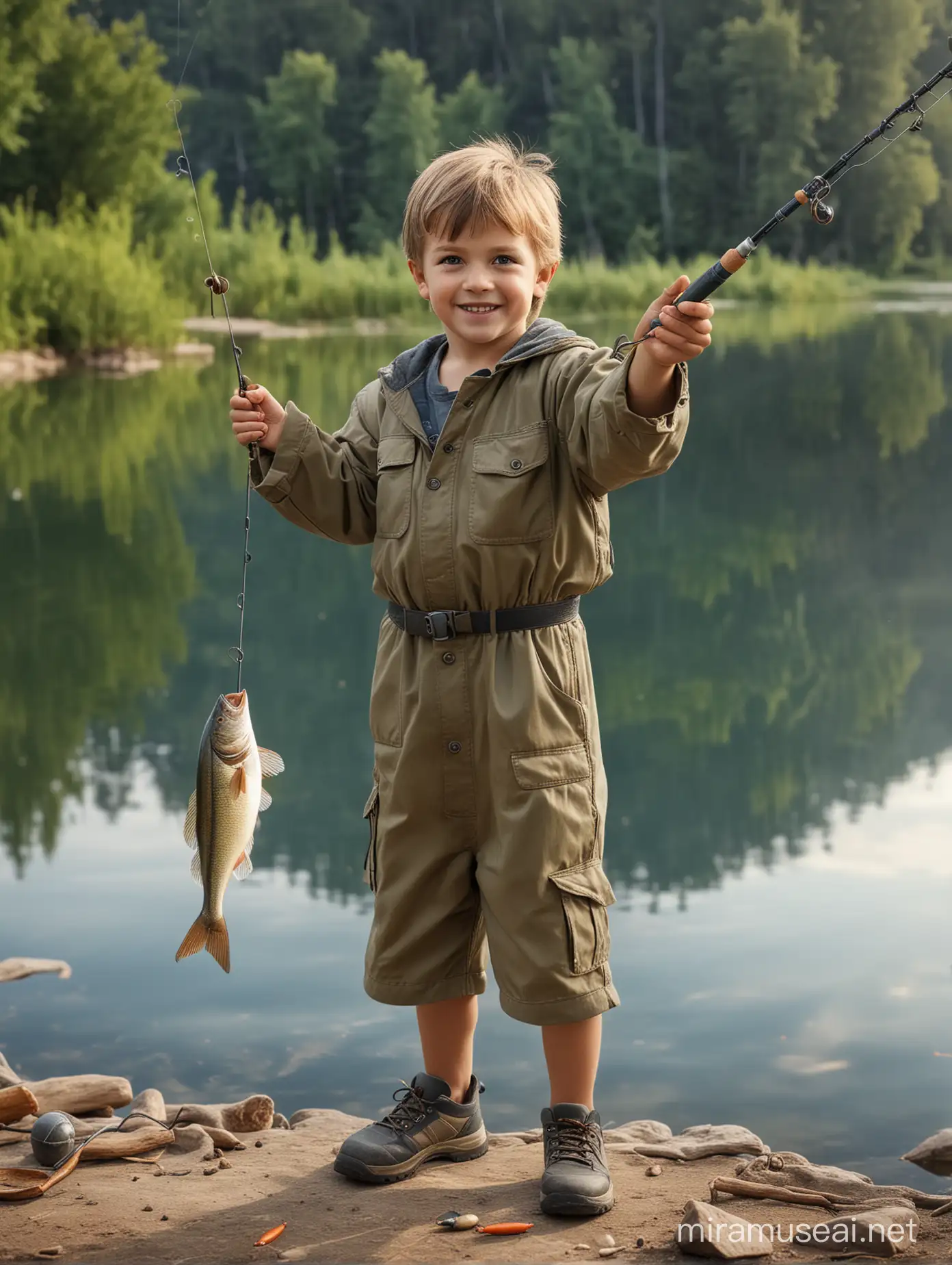 Caucasian happy little boy as fisherman ,  in one hand fishing pole, in other hand holding up caught a big fish on hook looking straight to camera, lake in the background, ultra realistic photograph, vivid colors