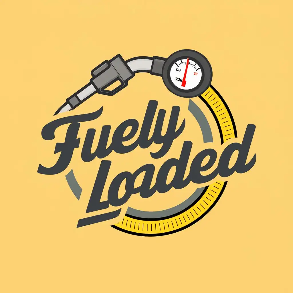 logo, Fuel Nozzle gauge meter Hose, with the text "Fuely Loaded", typography
