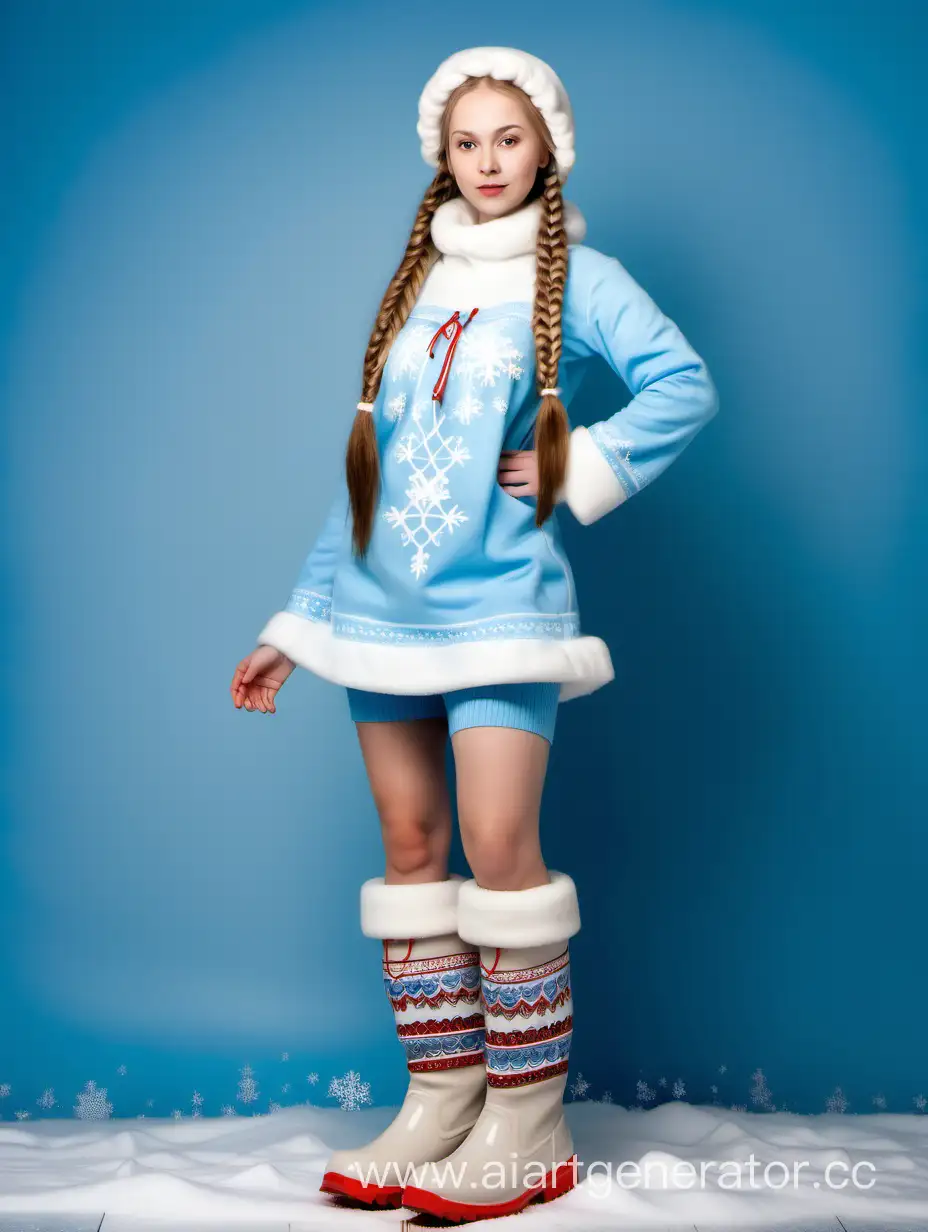 Snow-Maiden-in-White-Felt-Boots-and-Braids-with-Bare-Knees