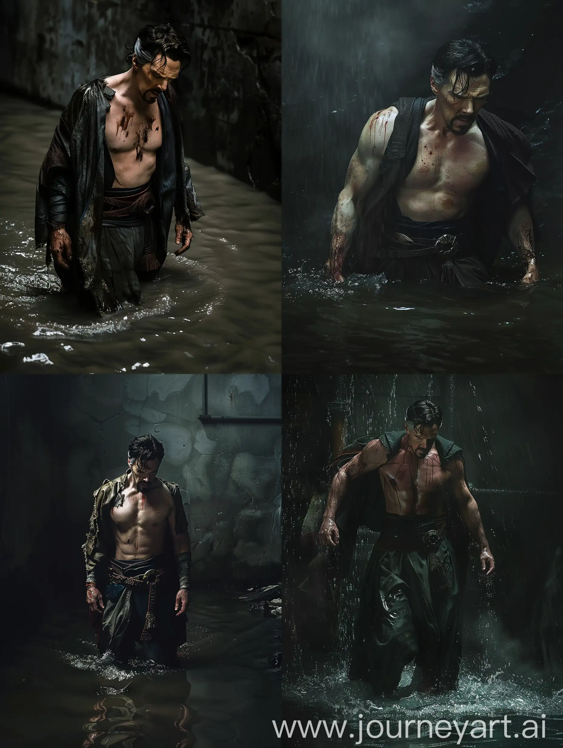 Doctor Strange in ripped, torn, ragged, dirty outfit, shirtless, in a dark room, water rising to his knees, wet, in dispair.