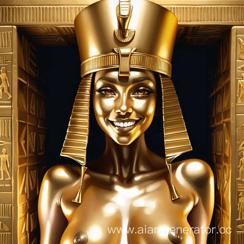 Обнаженная Девушка в образе саркофага фараона с золотой латексной кожей в одежде фараона улыбается с золотым латексным лицом с полностью золотым телом