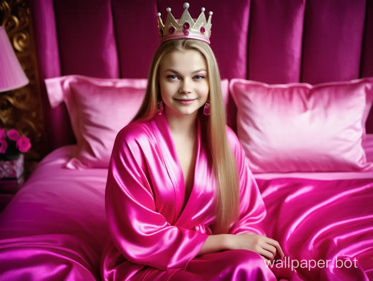 Glamourous portrait of sweet, young, gentle, sunny queen Yulia Lipnitskaya with long straight silky hair Smiling in Luxurious Pink fuchsia Silk robe with pink fuchsia silk towel turban and crown on the head and relaxing on luxury pink fuchsia silk bed