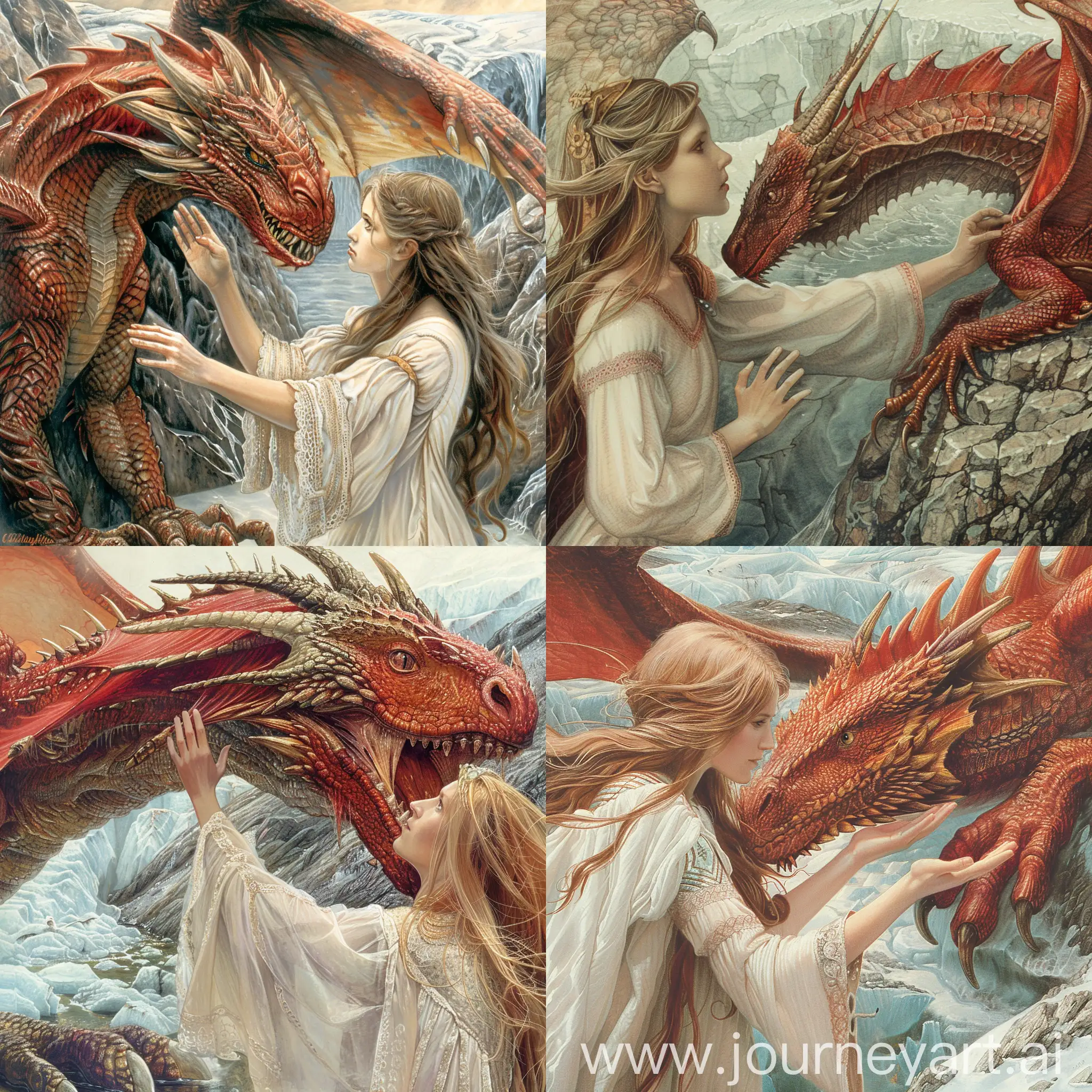 A beautiful medieval angel woman with long flowing hair reaching out to touch the head of a large red dragon. Background is a glacier.  Pre raphelite