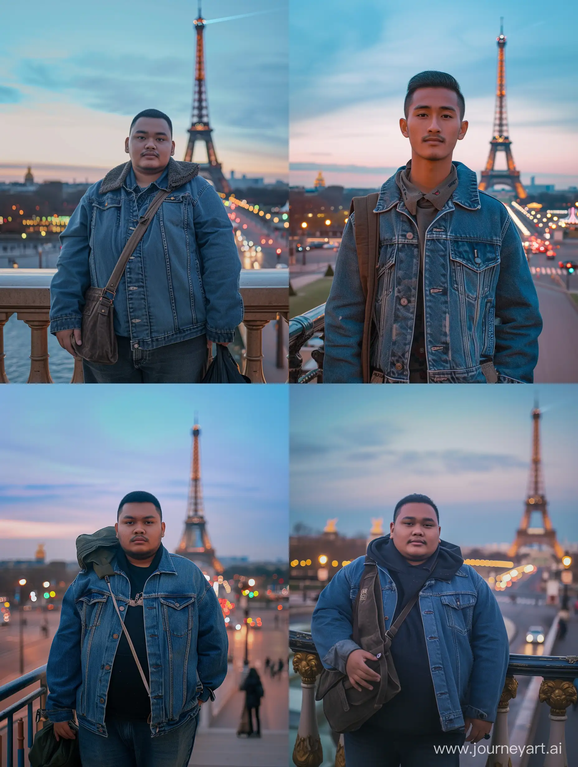 Indonesian Javanese man (25 years old, oval and clean face, slightly fat body, Indonesian-style skin, wearing a thick denim jacket and holding a bag on his shoulder, standing pose, photography style front photo, face visible, view of the Eiffel Tower right behind him, sky slightly bluish, lights around the street and city, standing somewhere on the Paris Bridge, near sunset ultra HD, real photo, very detailed, very sharp, 18mm lens, realistic, photography, leica camera