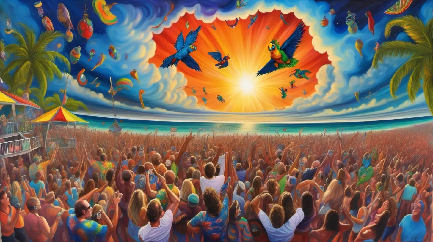 a trippy oil painting masterpiece of the spirit of jimmy buffett looking down from the heavens at his faithful parrotheads partying and dancing at a concert below