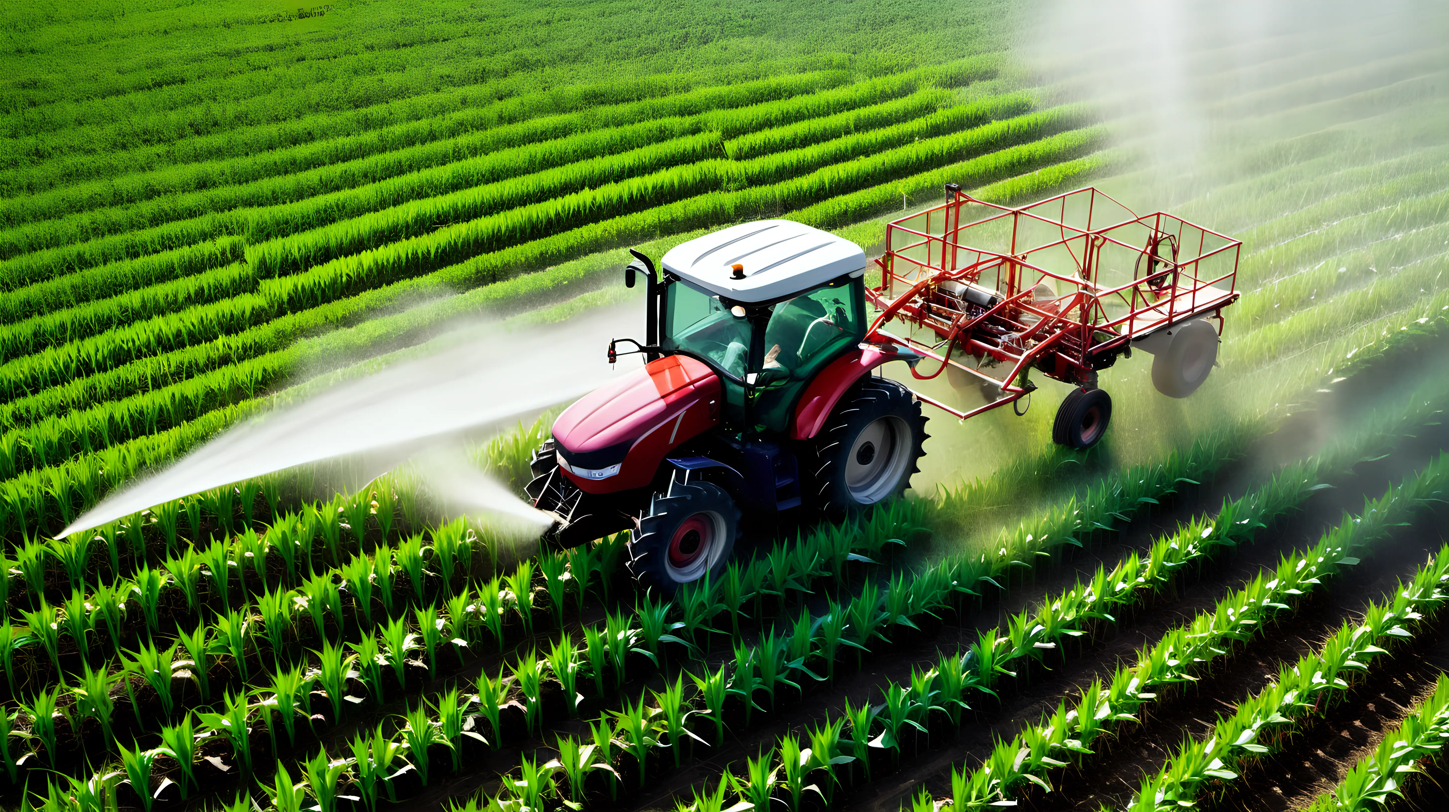 Agricultural Tractor Spraying Pesticides on Lush Cornfield Plantation