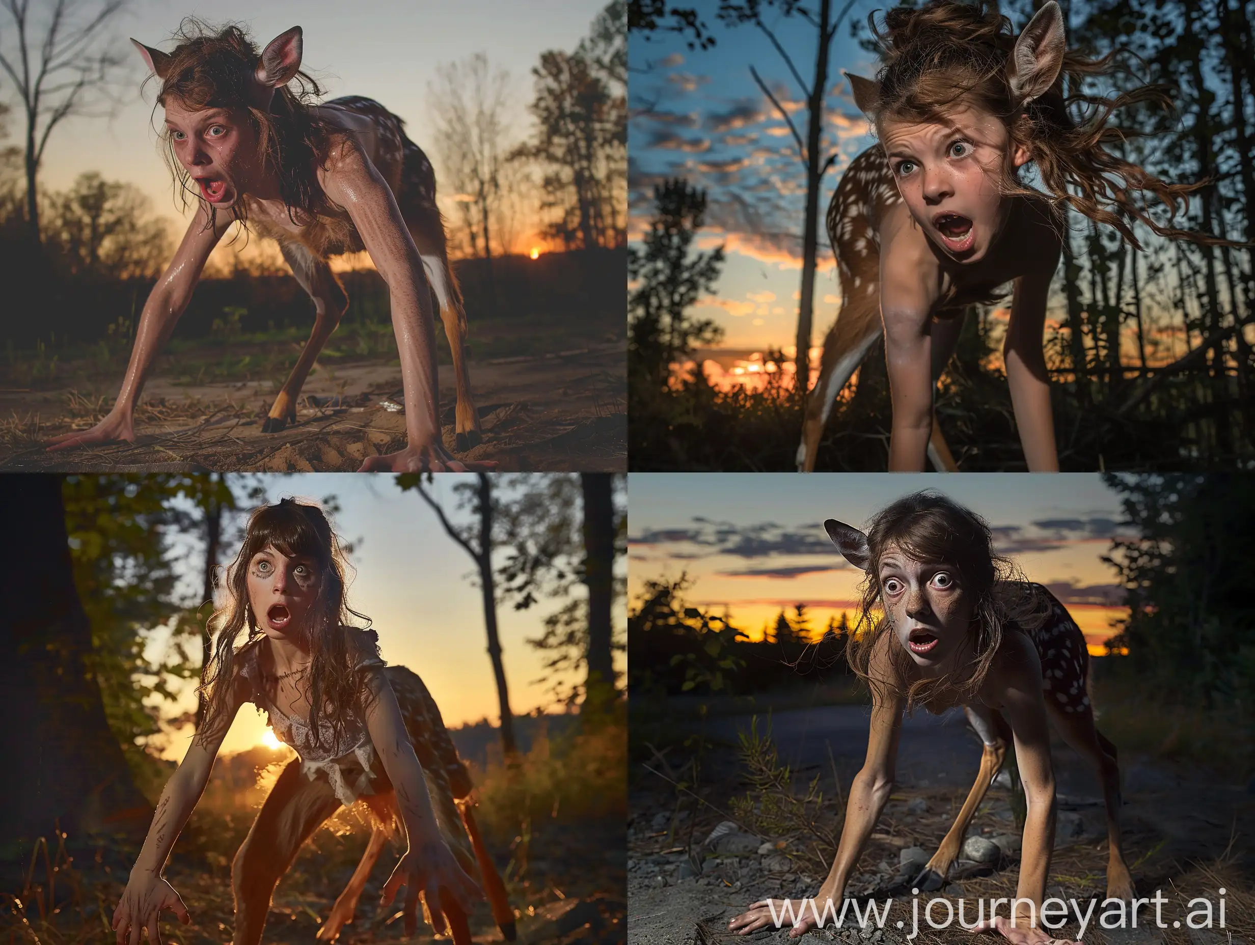 A young woman with loose brown hair, who has been transformed into a deer. The photo is taken while the transformation is almost completed. She is standing on all fours in a forest at sunset. She has a desperate expression, screaming for help. Realistic photograph, full body picture.