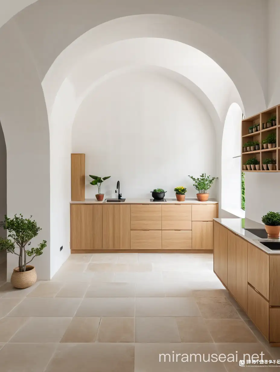 Minimalist Kitchen with Wooden Accents and Surreal Balcony View