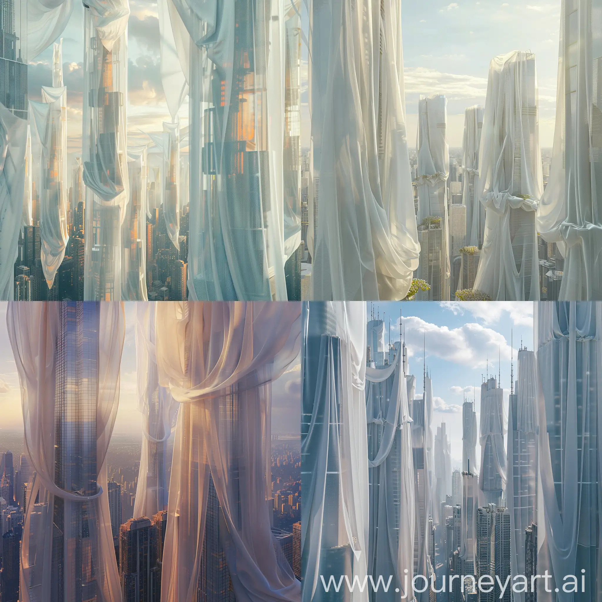beautiful endless futuristic cityscape, surreal minimalist architecture, skyscrapers covered in translucent cloth, hyperrealistic, spring