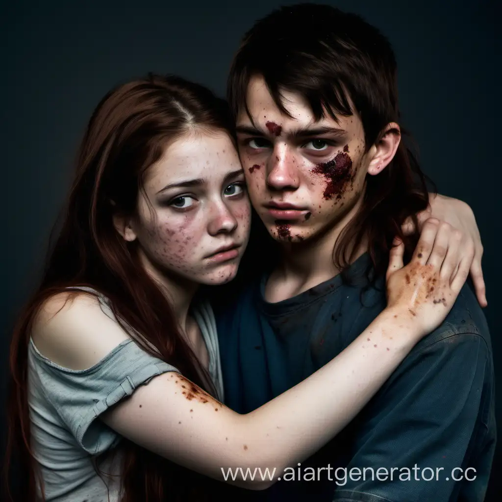Create an image of this: Lydia hugs Landon. Landon is covered with cuts and bruises and a wide gash is cut in his leg.

Landon - a 23-year-old man, with a distinguished feel, despite being in ragged clothes. hispanic boy with short  dark hair and piercing eyes

Lydia - an 18-year-old woman, who looks mature for her age and is in ragged clothes. With long brown hair, pale skin, and freckles
