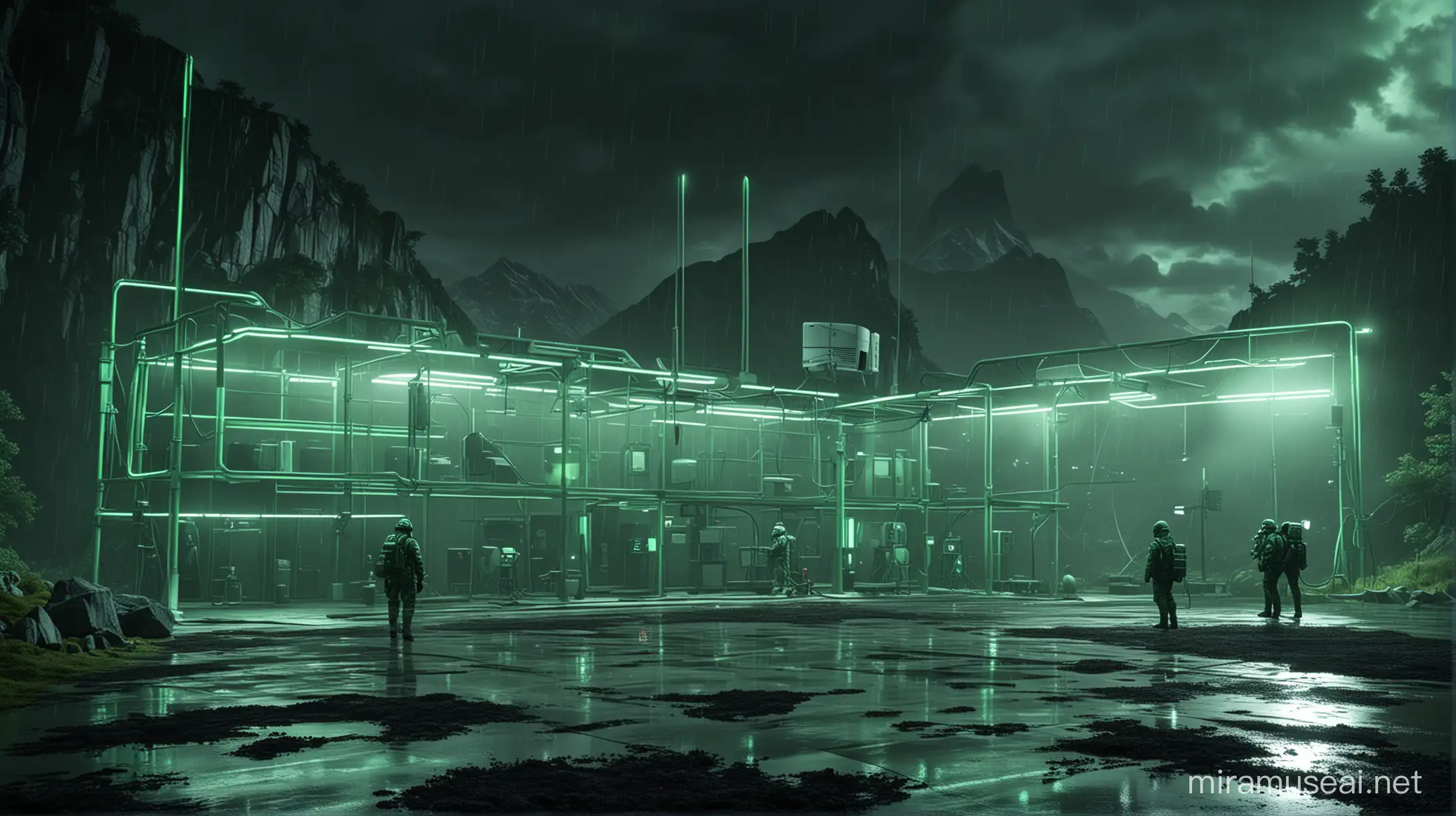 Cinematic Realistic Research Center with Bright Green Neon Lights in Rainy Weather