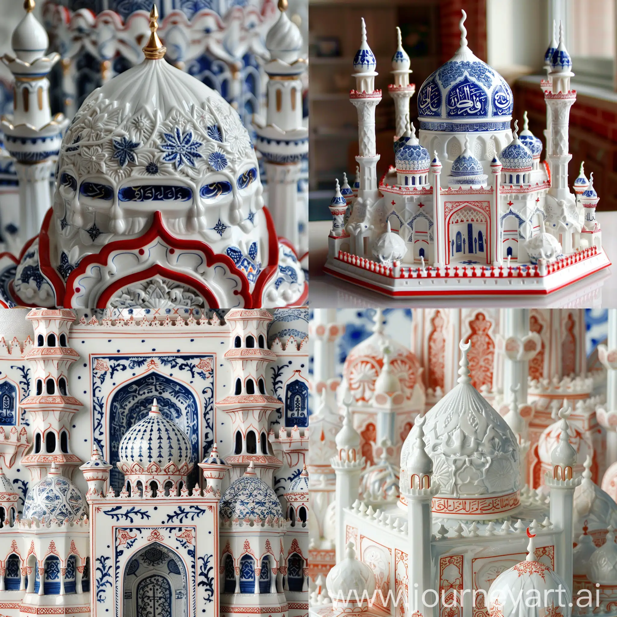 Porcelain mosque with islamic art carvings, in China, white red blue