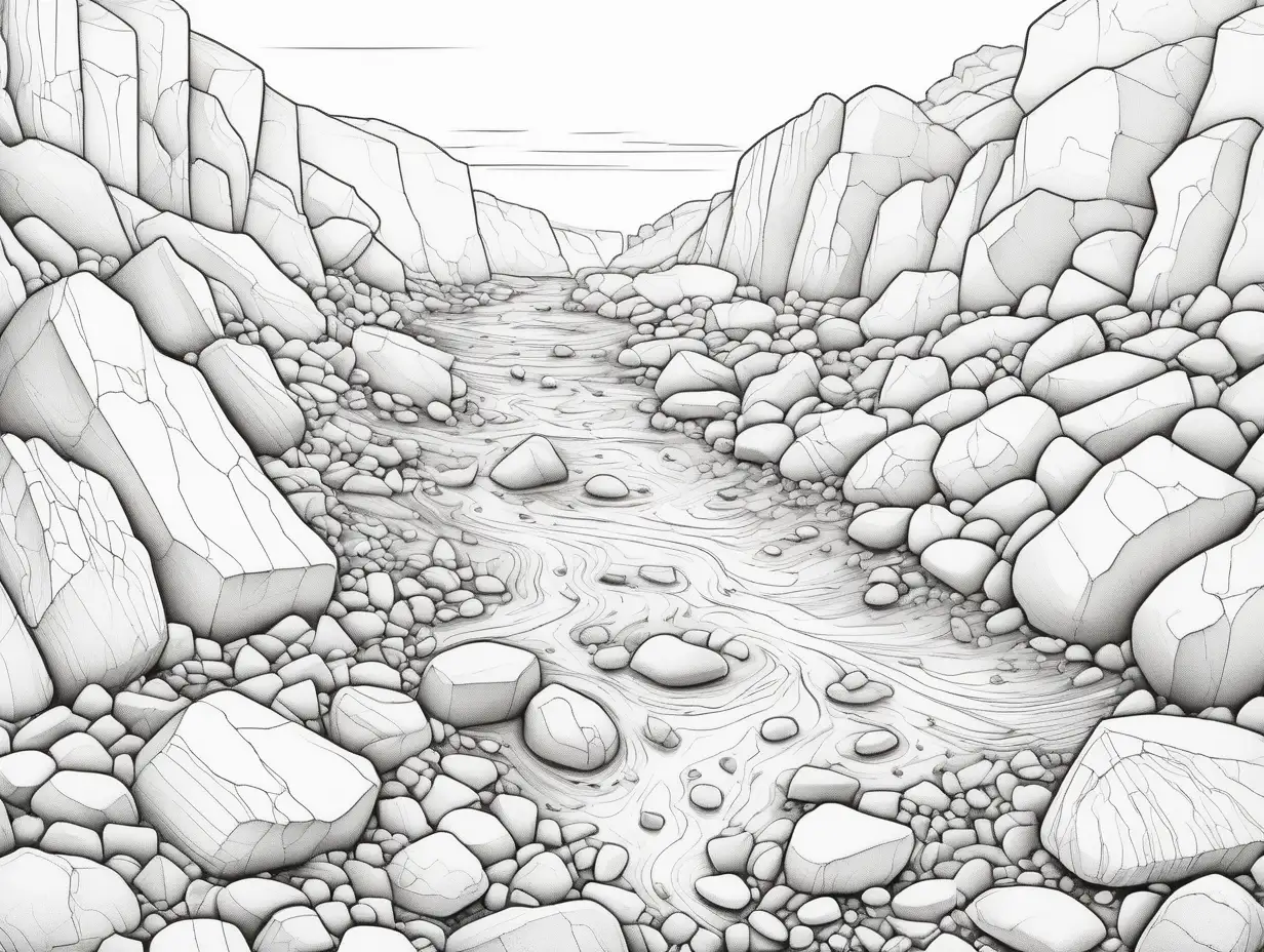low detail coloring page of  tiny rock pieces transported by erosion settle down and accumulating