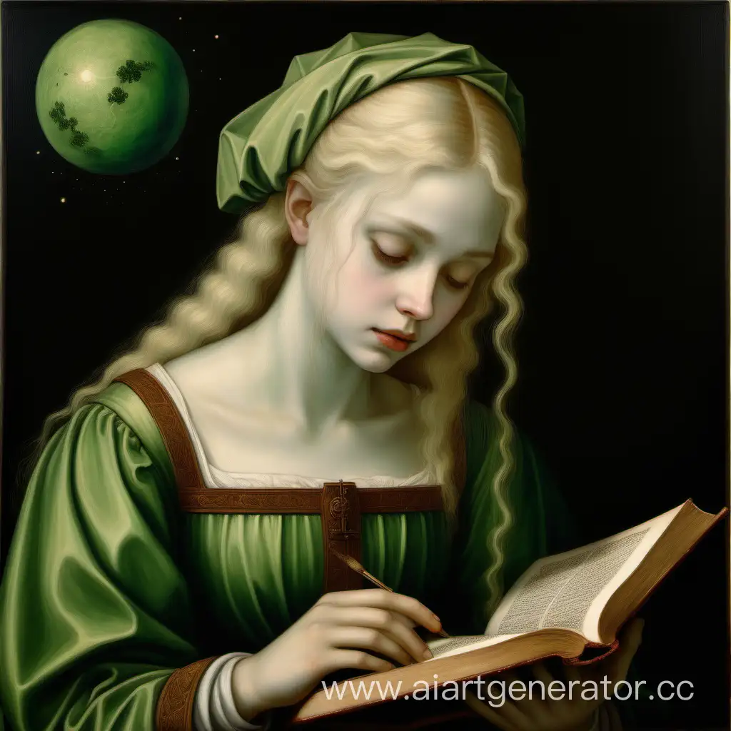 книга меланхолия, планета меланхолия, девушка со светлыми волосами, зелёные тона, картина 15 века, глубокий смысл