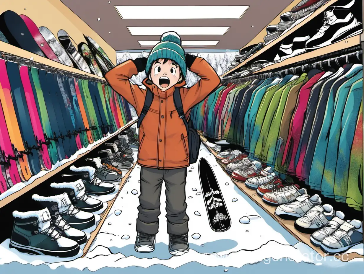  одежда, кроссовки, сноуборды, лыжи, мальчик в шоке от покупки в магазине MINAMI