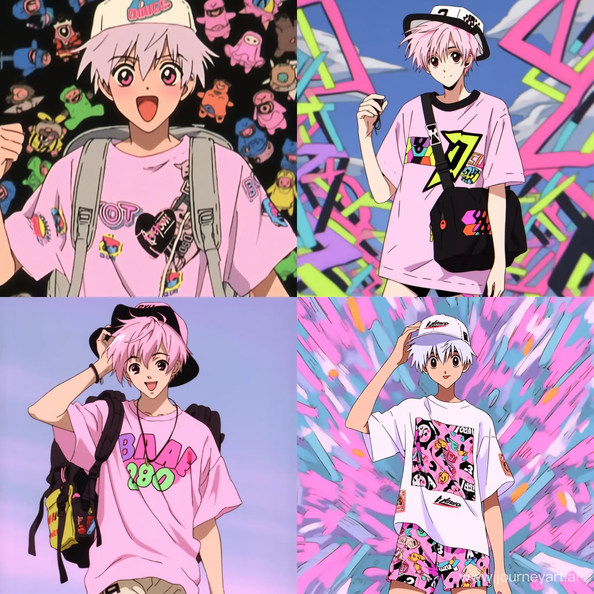 1990s anime screencap, 1boy, solo, white background, pink skin, pink messy hair, black bucket hat with yellow emojis, white t-shirt with a smiling emoji in the middle, black shorts, style of neon genesis evangelion –ar 3:2 --niji 5