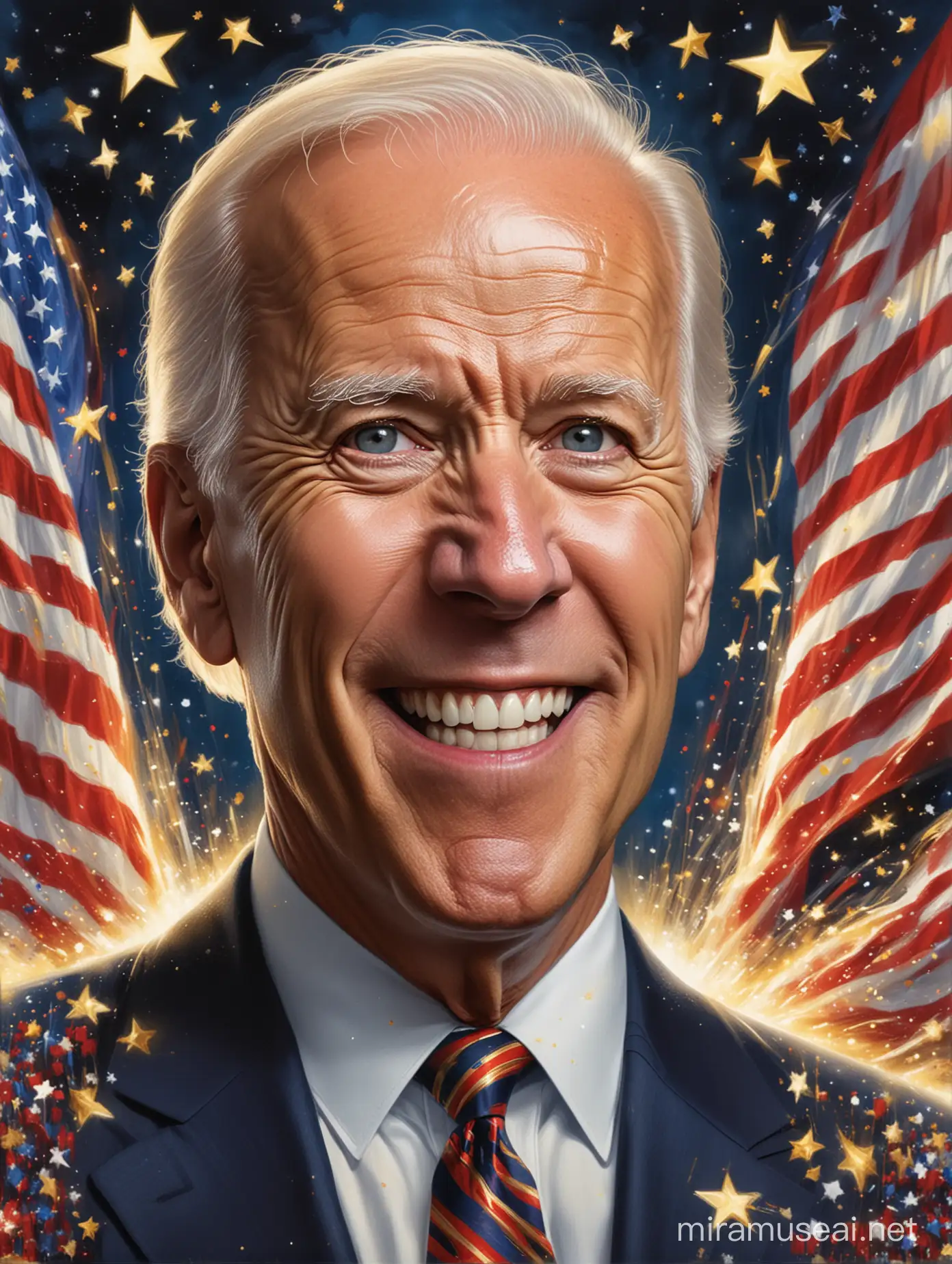 Create a blockbuster movie poster the shows a toothy smiling Joe Biden in his glowing golden U.S. presidency. Add lots of stars, stripes, red, white and blue light beams.