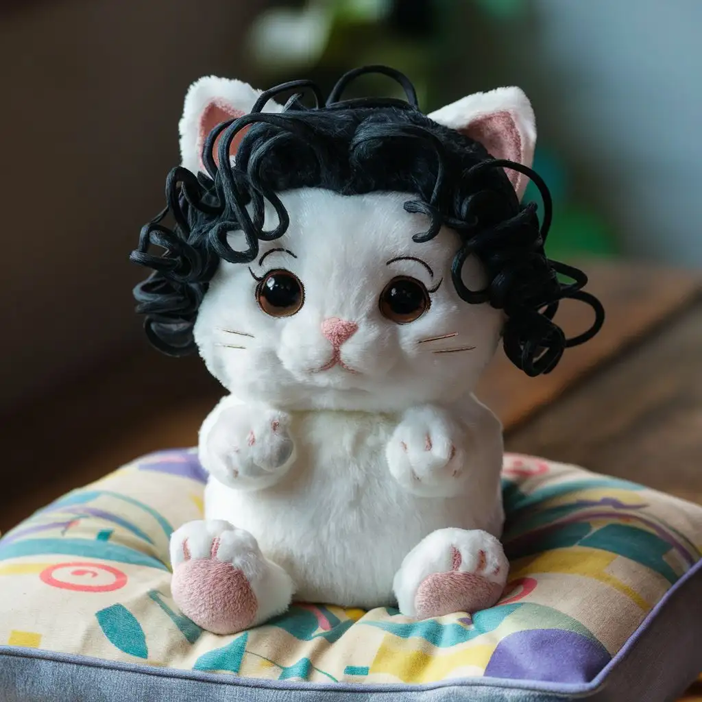игрушка белая пушистая кошка ,с черными кудряшками на голове в виде парика