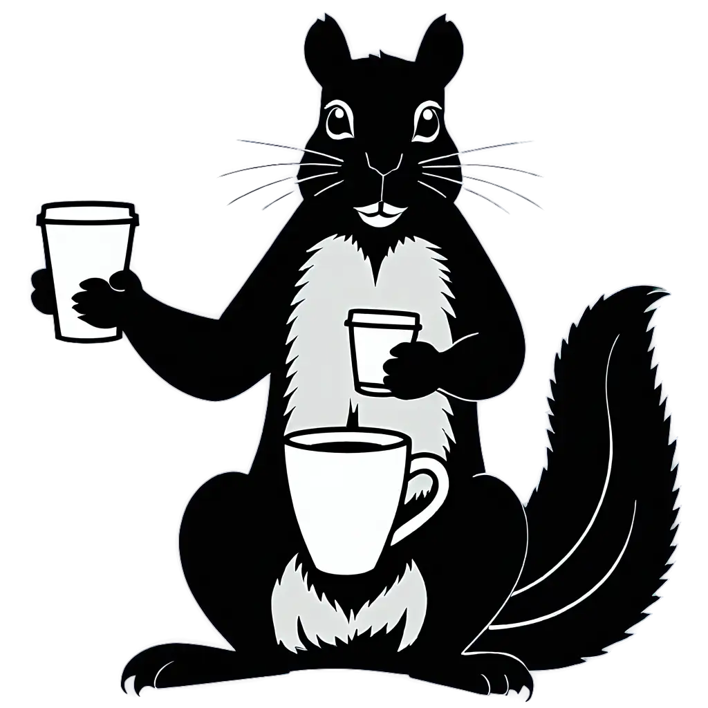 black and white, front-facing line art drawing of a giant squirrel sitting on his hind legs and holding a cup of coffee