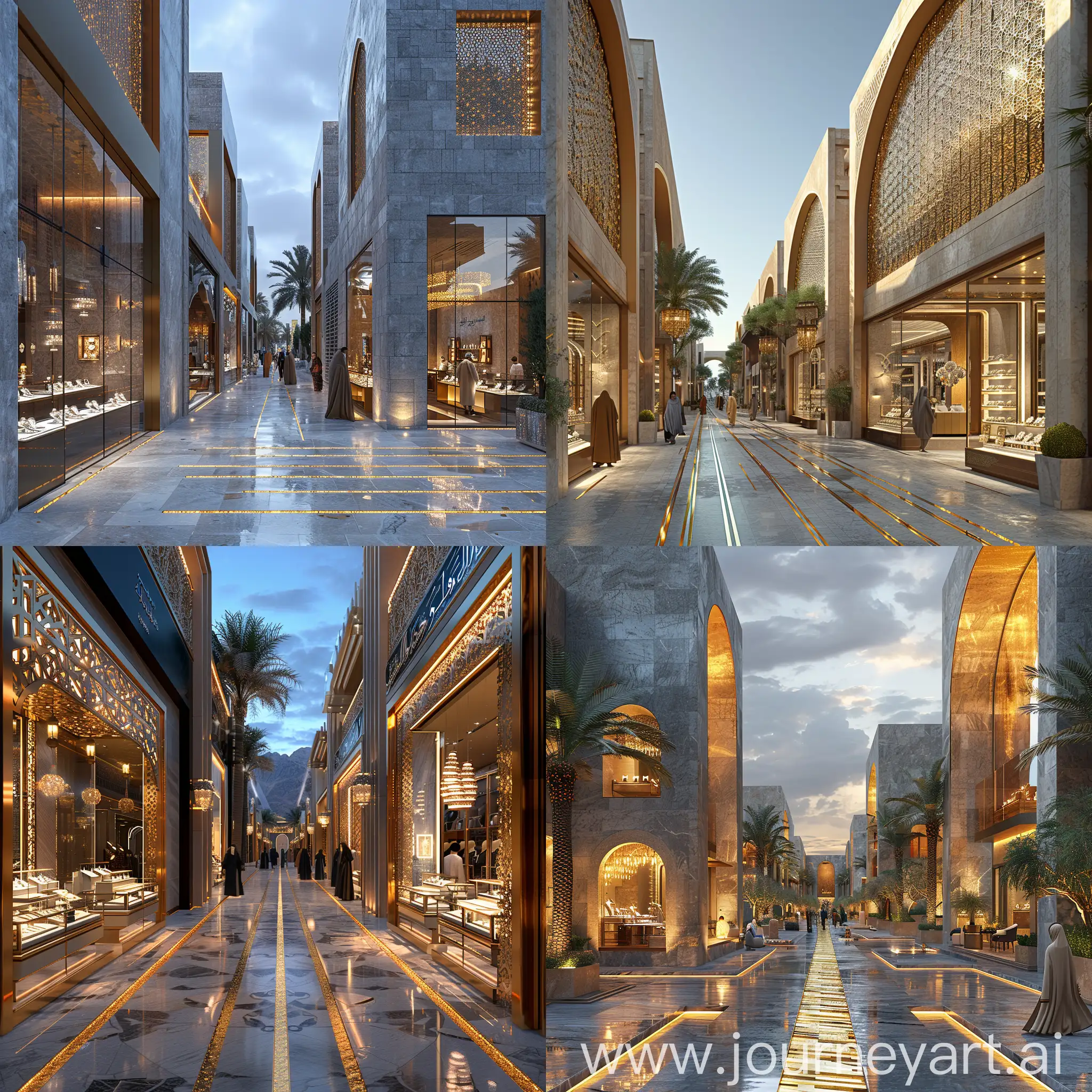hyper realistic exterior design with path main road with gold strips connection with silver strips in flooring and luxurious shades for a jewelry shops with shopwindow and exterior jewelry retails with interactive people in Hijazi Arabian style --s 750