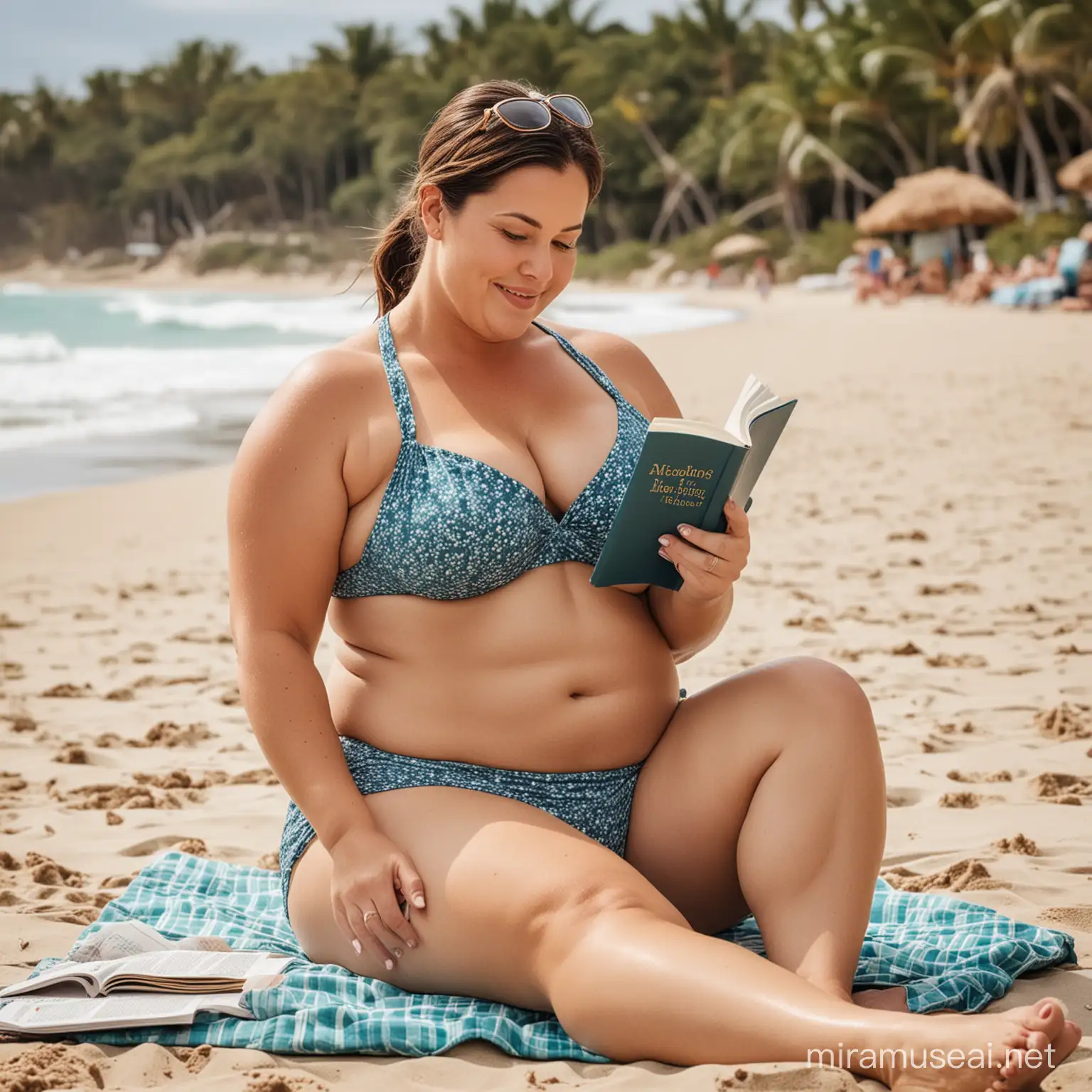Chubby Woman Enjoying Beach Reading in Bikini