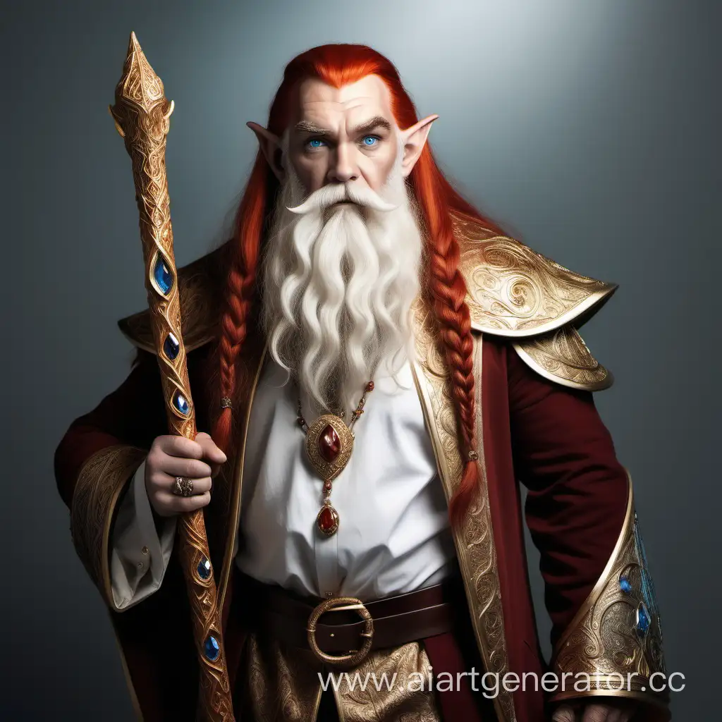 A male dwarf with long elven ears and blue eyes, a very long white beard to the waist and long red hair, dressed in rich and expensive clothes decorated with gold and precious stones, with a cane.