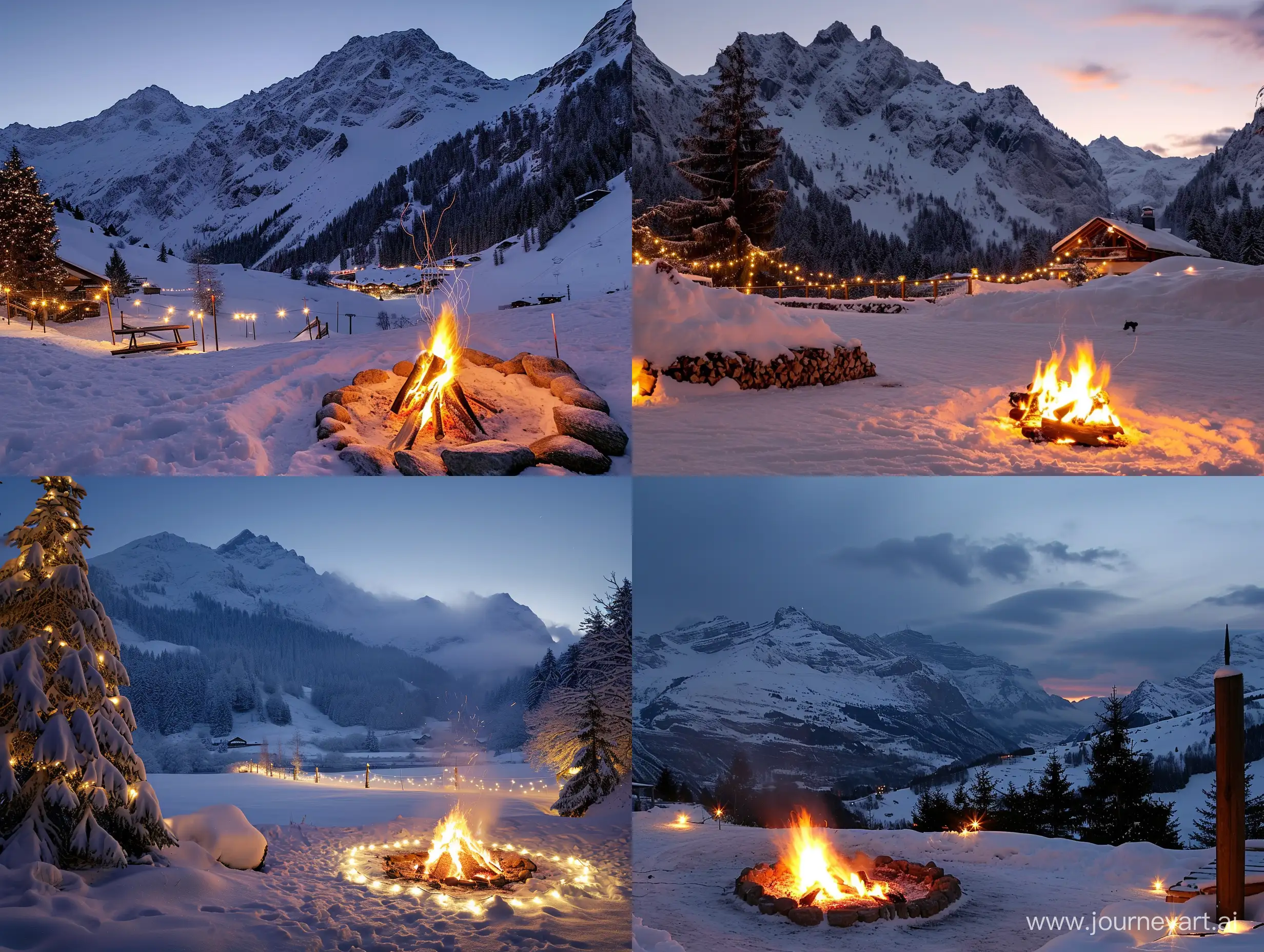красивые зимние горы вечером с костром и по кругу огоньки