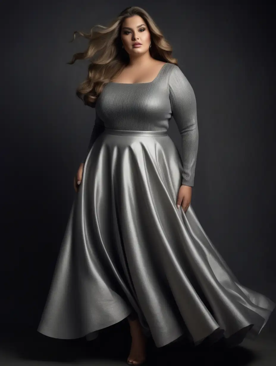Stylish Plus Size Latina Model in Metallic Silver Evening Gown