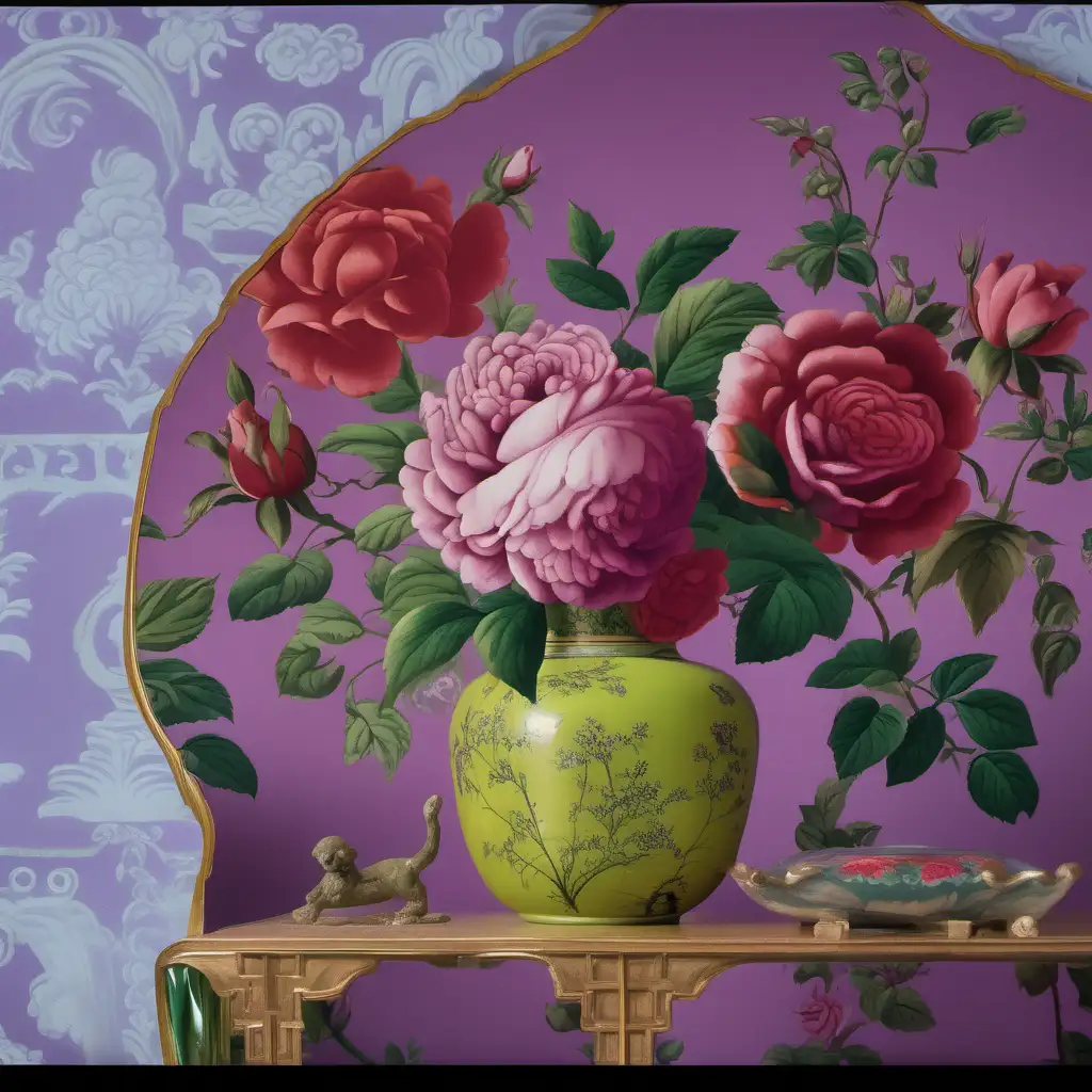 Green chinoiserie wallpaper, vintage floral vase of roses, purple velvet curtains 