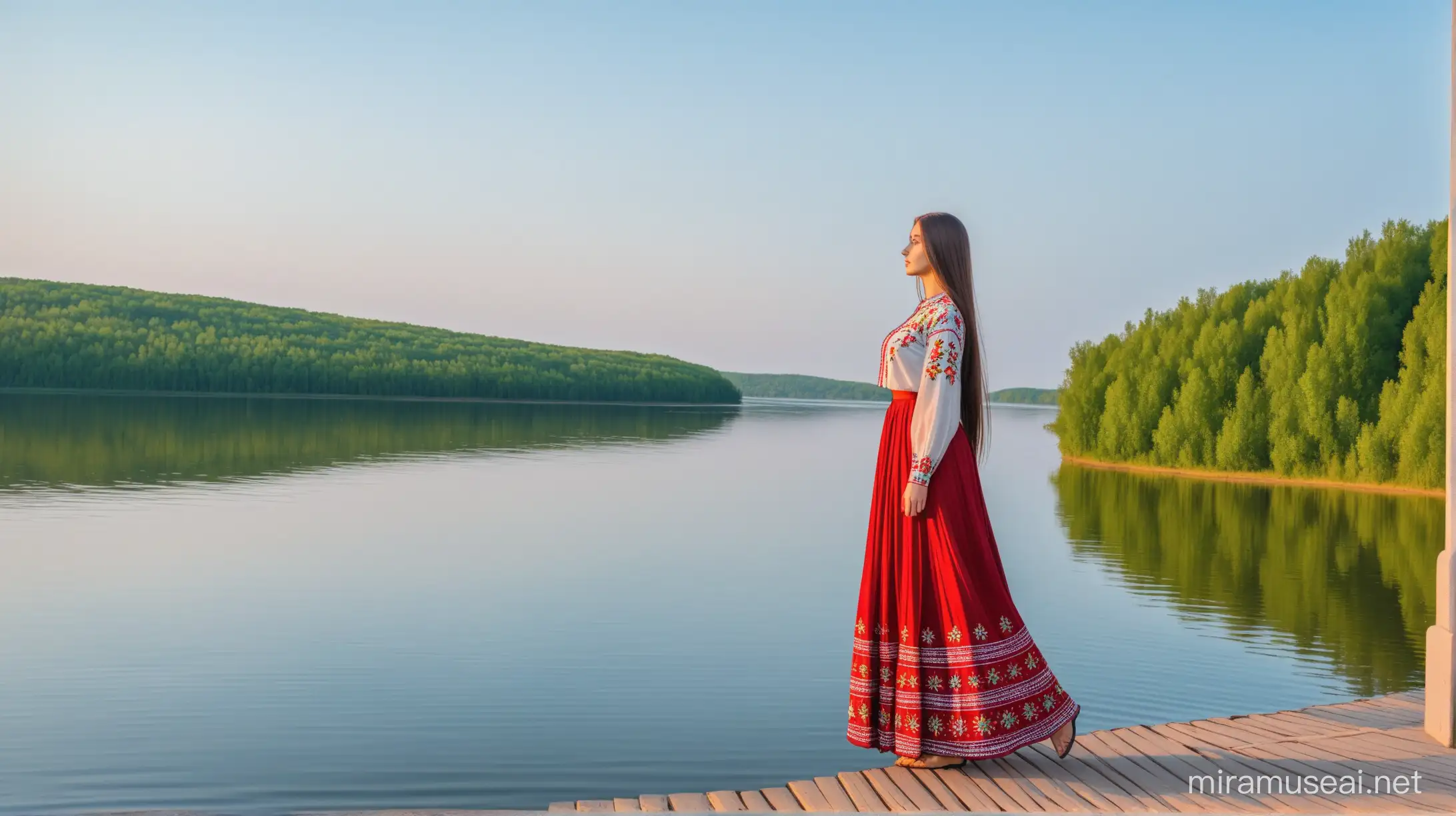 Українка з довгим волоссям в вишиванці століть на краю до озера і в довгій спідниці 