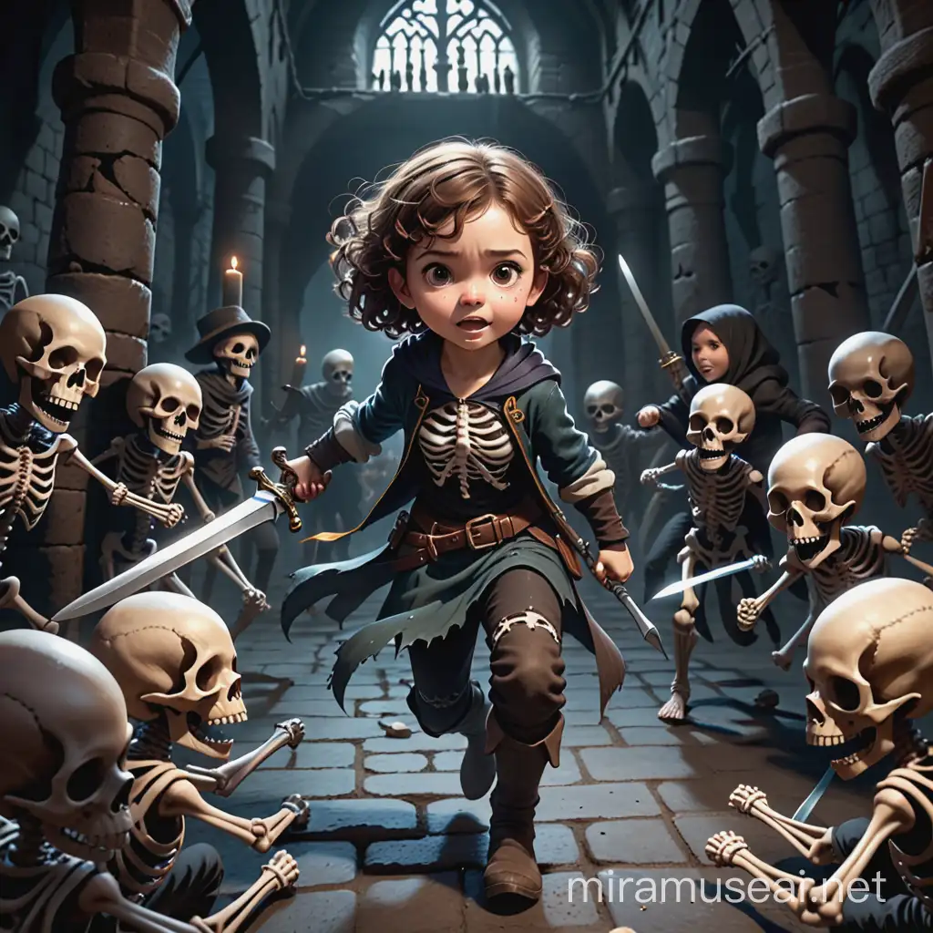 Brave Girl Defends Against Skeleton Attack in Dark Dungeon