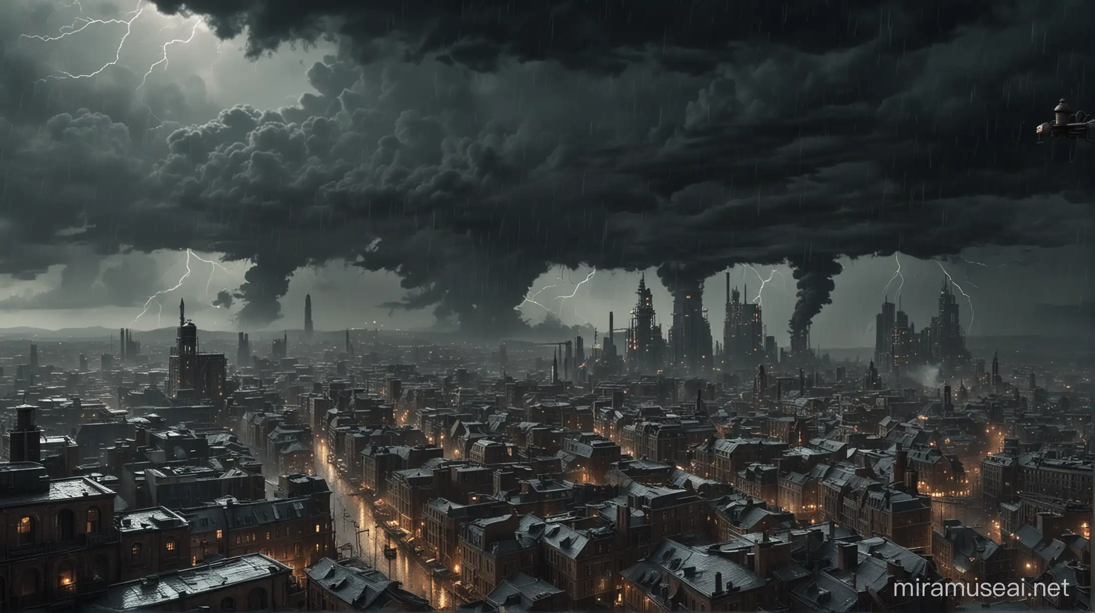 the great storm over a steampunk city. lighting, hard rain and wind, completely dark. distant view from a high building.