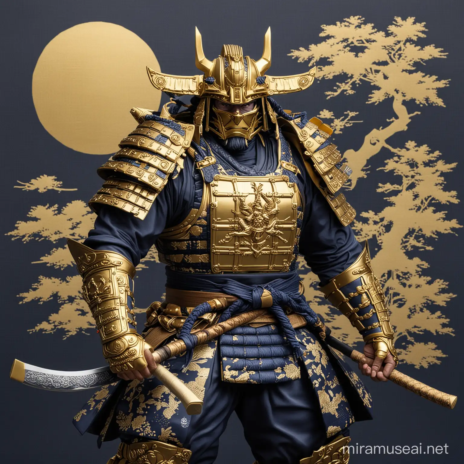 A shogun without a background with a combination of navy and gold