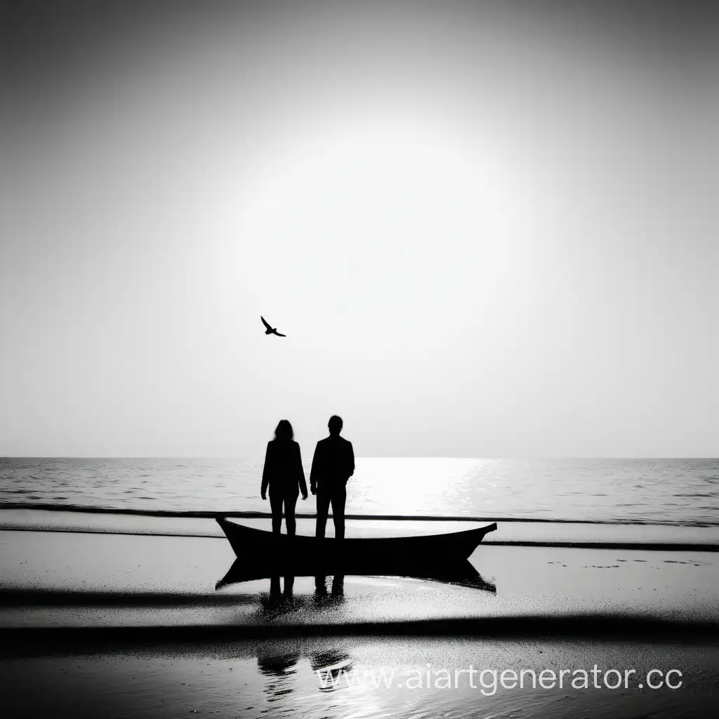 Seashore-Encounter-Silhouetted-Figures-and-Approaching-Boat