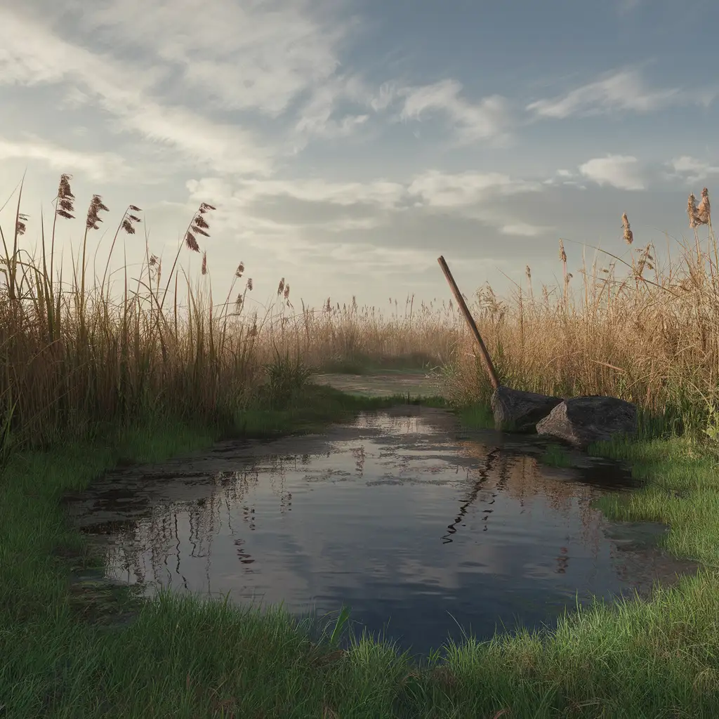 Tranquil-Pond-Scene-with-Reeds-and-Grass