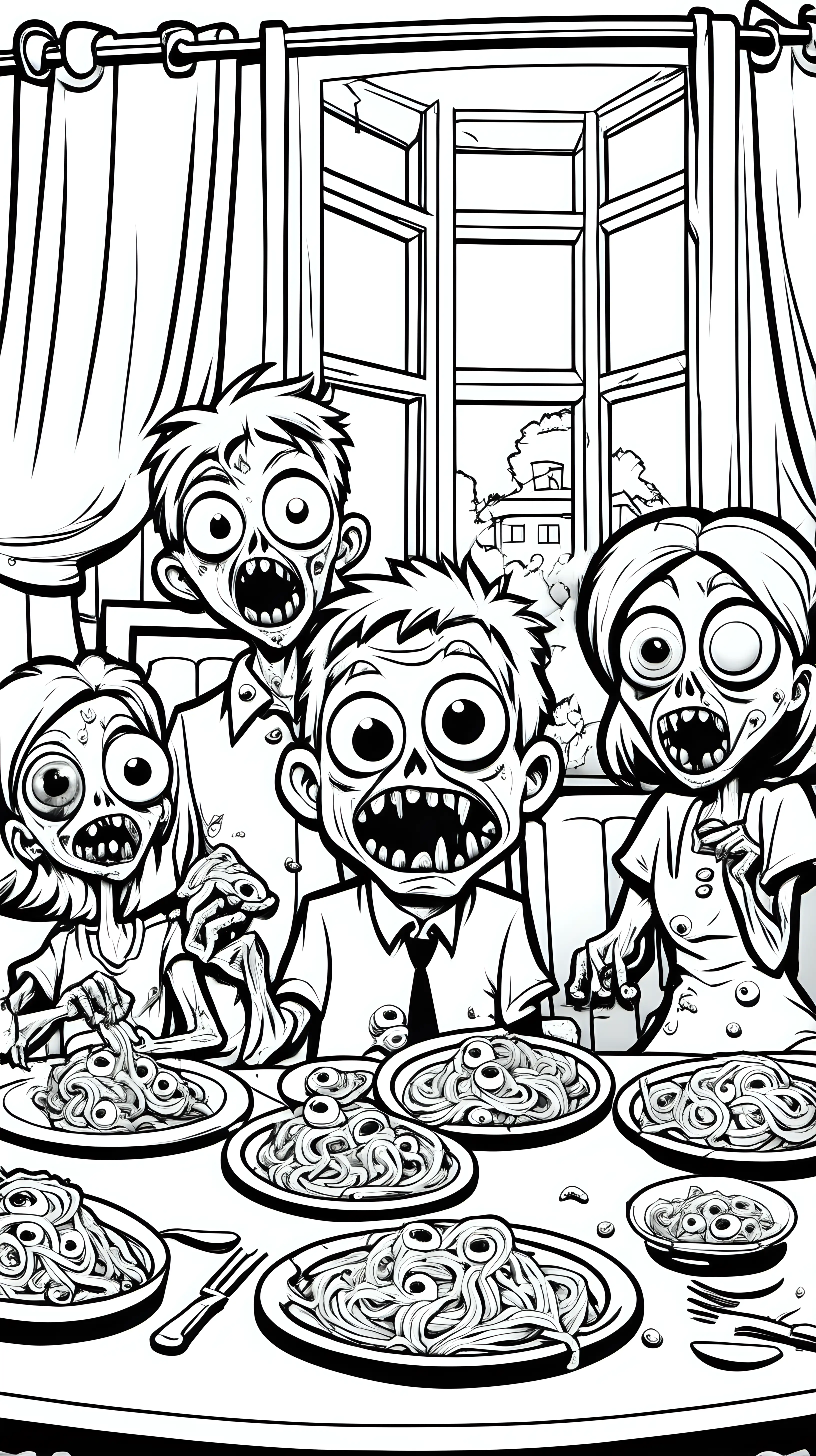 Cute Funny Zombie Family Eating Eyeball Pasta in Dining Room Coloring Page