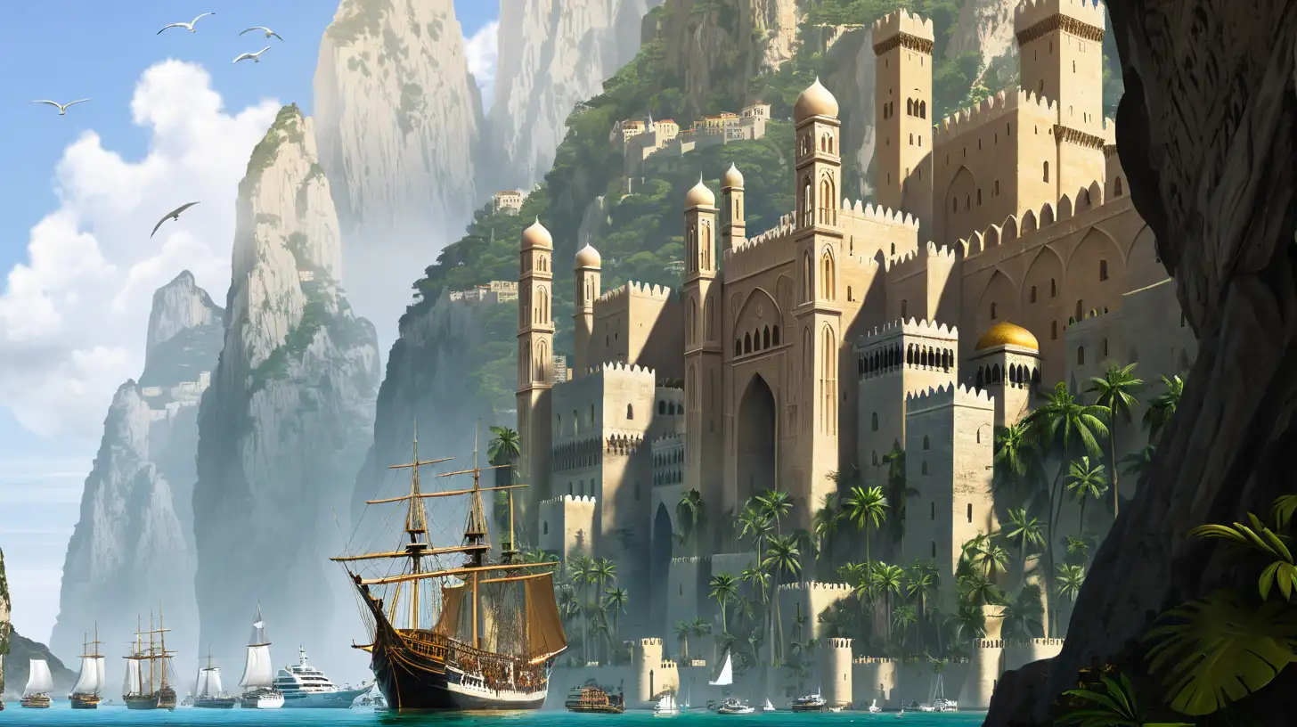 large medeival city, arabic architecture, limestone mountains in the background, a busy harbour with many sailing ships and a jungle