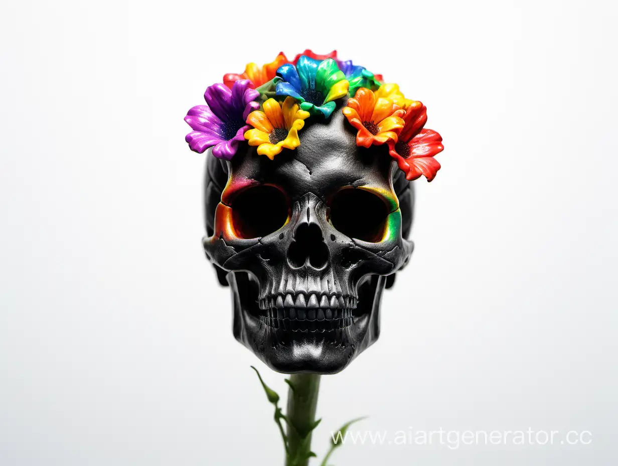 black skull body stem, white background, rolled by explosive rainbow flowers