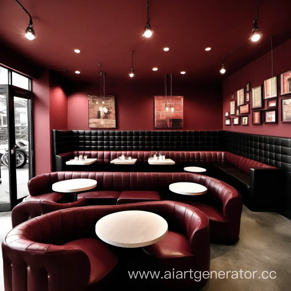 cafe in dark red and brown shades with black leather sofas
