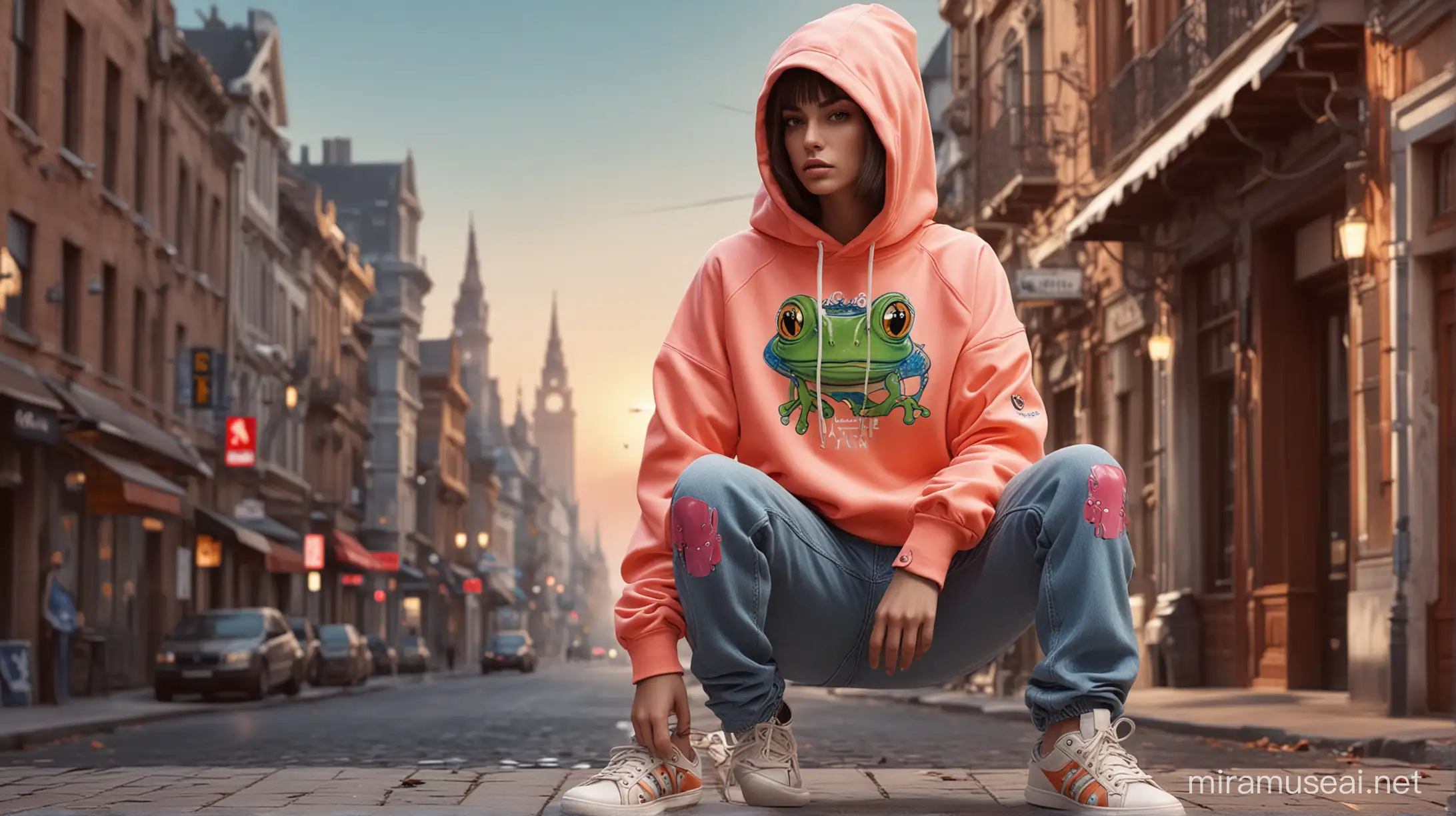 Urban Opalescent Hoodie Fashion Illustration Featuring Stylish Anthropomorphic Frog Dalien