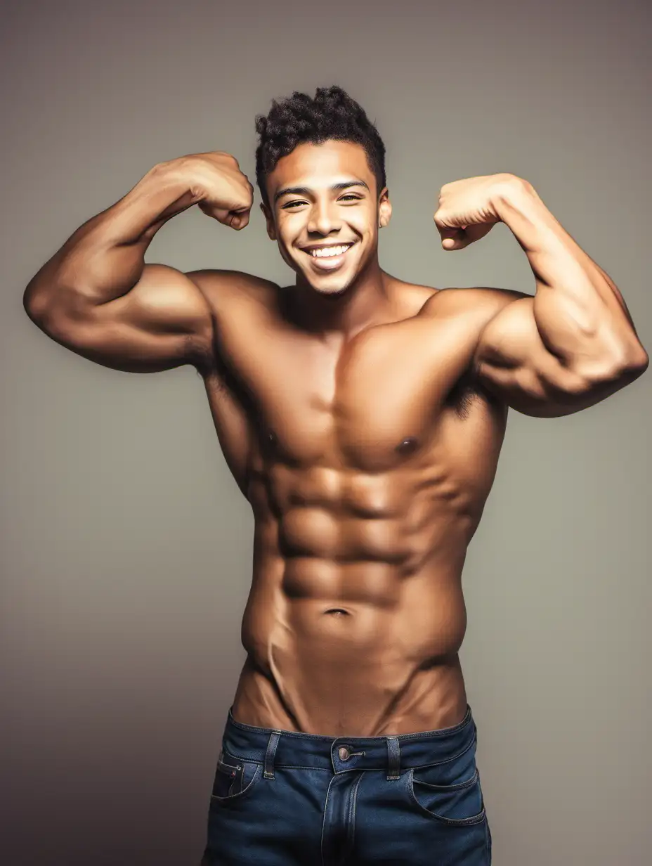 Cheerful Shirtless Young Man Flexing with a Confident Smile