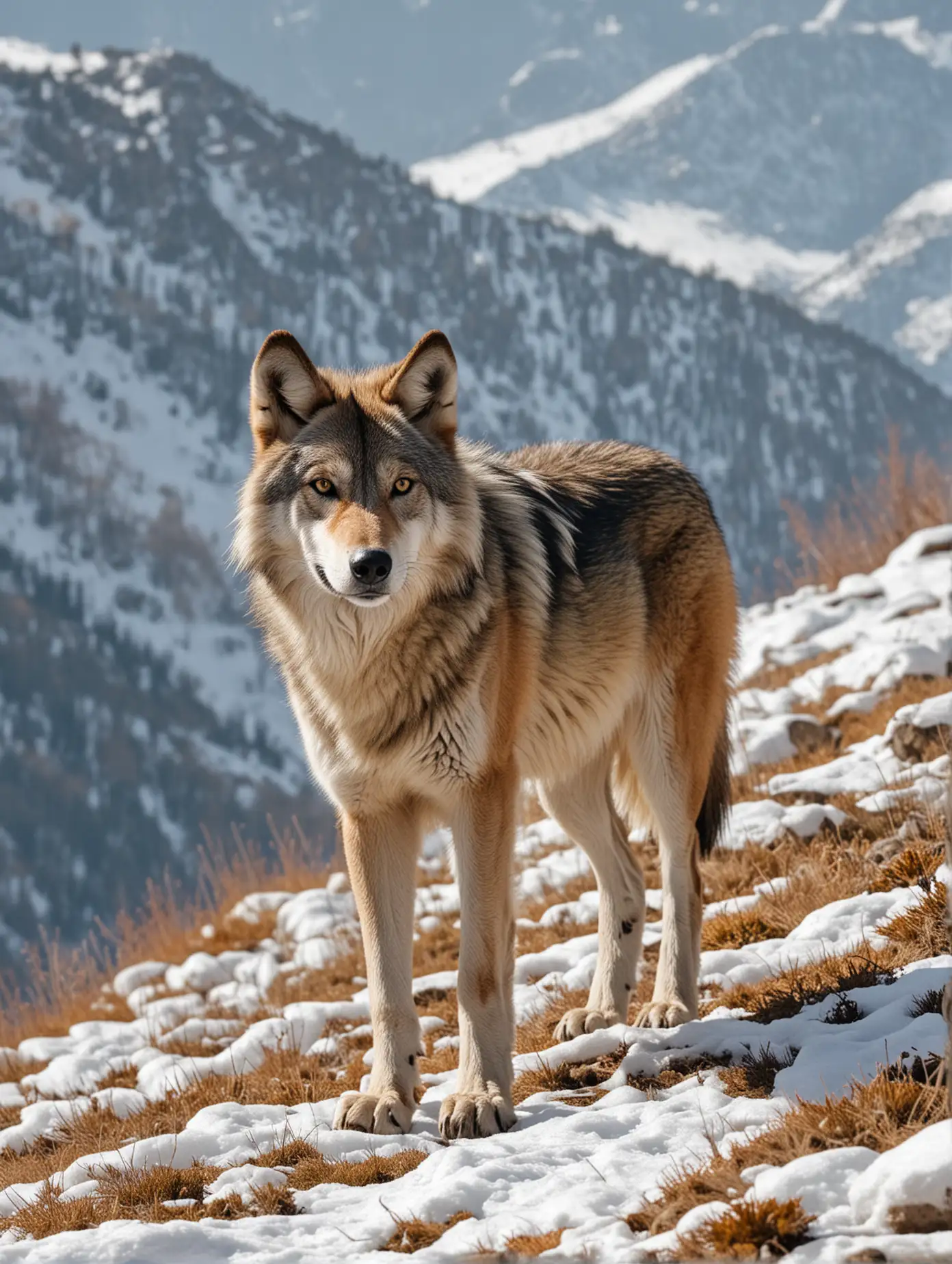 Wolf Roaming Atop SnowCapped Mountains