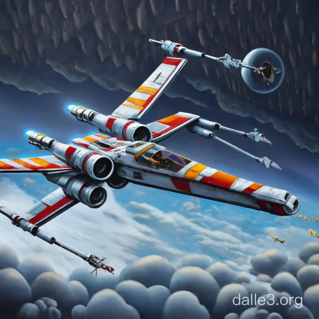 a solitary x-wing falls to the earth through the clouds and is soon going to hit the floor