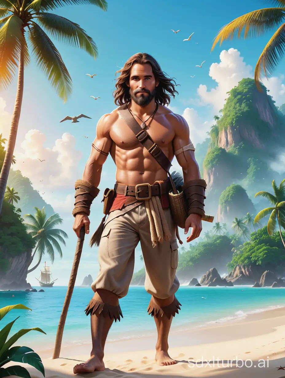 The Novel Cover design with text "Robinson Crusoe",Full cover presentation,2D,8K, illustration design, advanced color matching,award winning works,Great work, extreme detail