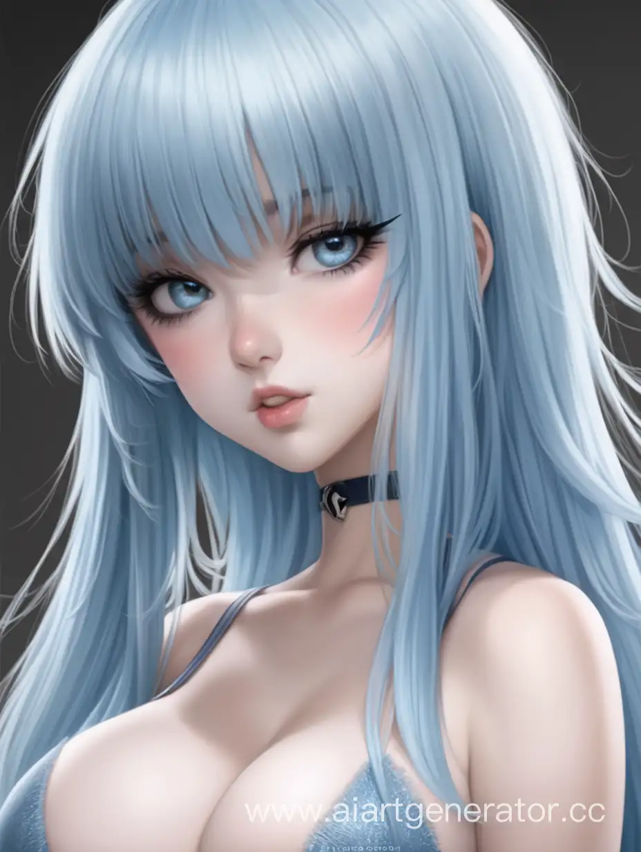 light blue and fluffy straight hair, untrimmed bangs, there are front strands that reach to the chest, thick and black eyelashes, blue eyes, snub nose and plump lips, sexy attractive appearance that attracts attention, large prominent breasts and large hips
