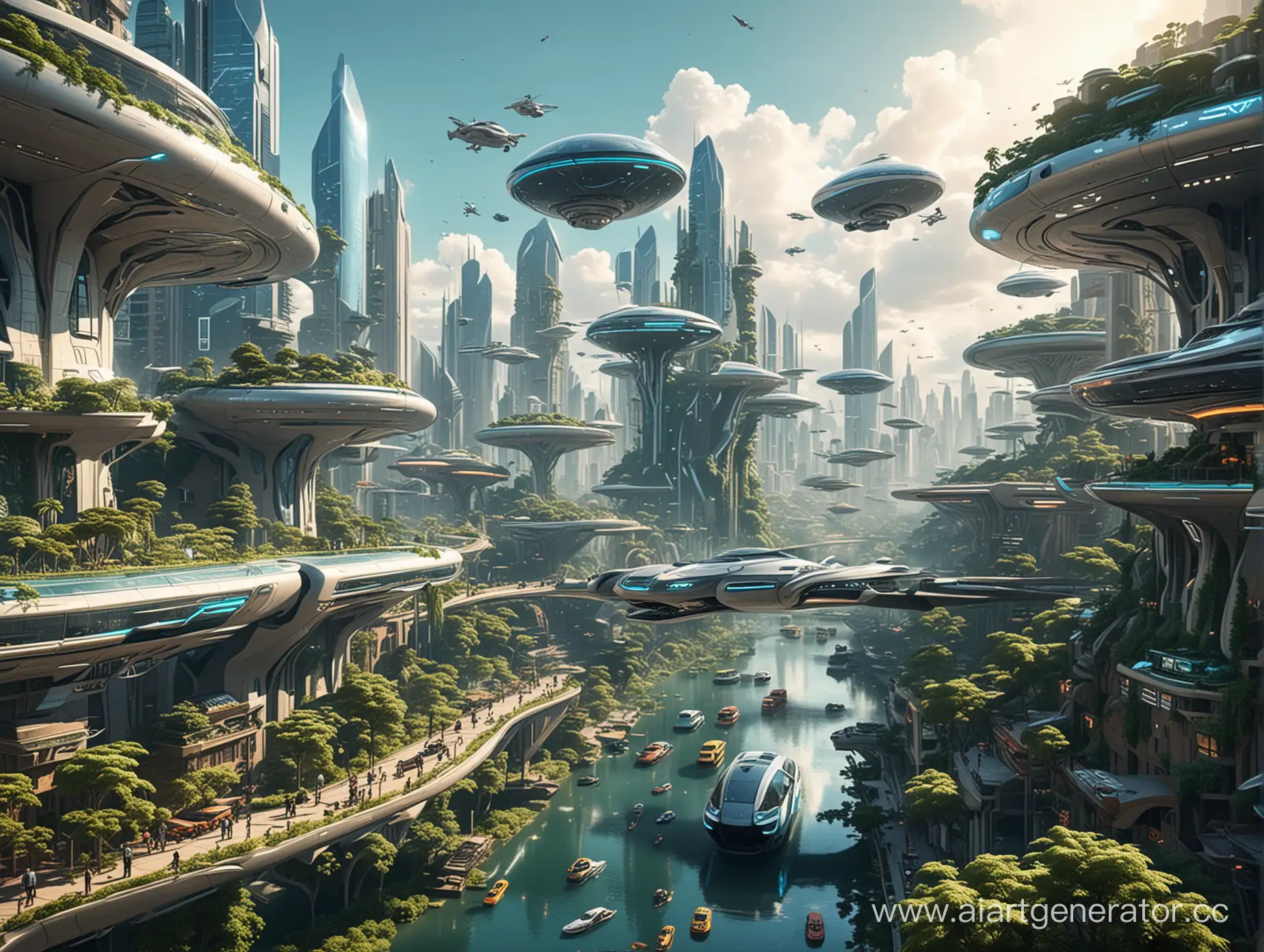 Futuristic-Cityscape-with-Aerial-Vehicles-Lush-Green-Spaces-and-Sustainable-Architecture