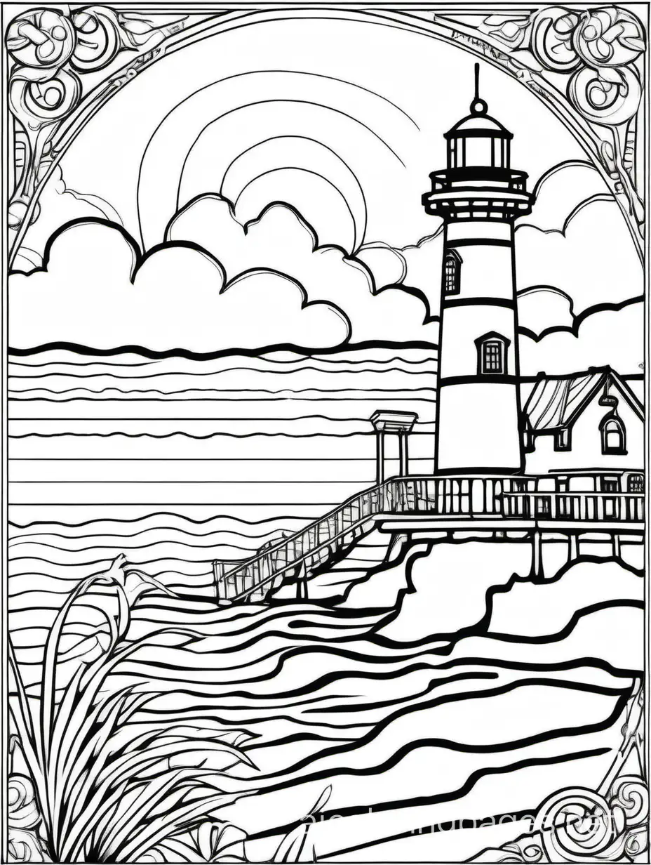 Michigan Lighthouse and pier, guiding ships in the night, Old world masterpiece style, extremely detailed, flamboyant, fantasy, beautiful high detail, crisp quality, line art. The outlines of all the subjects are easy to distinguish. , Coloring Page, black and white, line art, white background, Simplicity, Ample White Space. The background of the coloring page is plain white to make it easy for young children to color within the lines. The outlines of all the subjects are easy to distinguish, making it simple for kids to color without too much difficulty