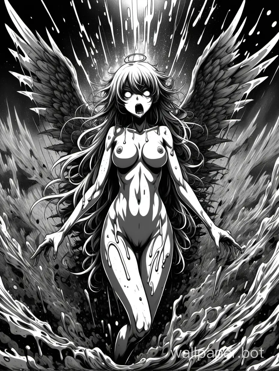 Horror anime, hentai angel, grotesque explosion of rage, linearity, dripping ink, hyper-detailed anime art,