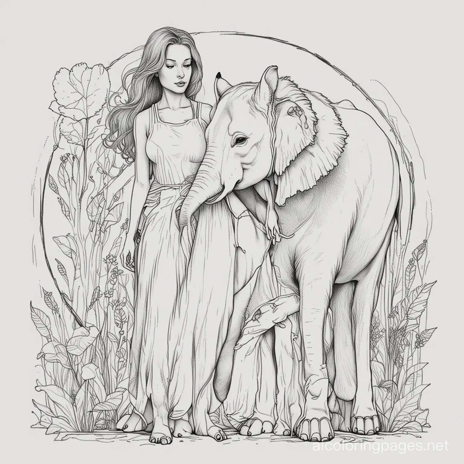 woman fused with a fox and elephant, Coloring Page, black and white, line art, white background, Simplicity, Ample White Space. The background of the coloring page is plain white to make it easy for young children to color within the lines. The outlines of all the subjects are easy to distinguish, making it simple for kids to color without too much difficulty
